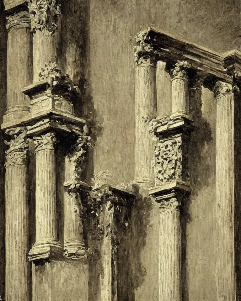 Image similar to achingly beautiful painting of intricate ancient roman corinthian capital on black background by rene magritte, monet, and turner. giovanni battista piranesi.