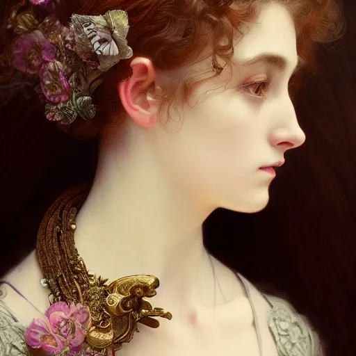 Prompt: a one - quarter portrait of a victorian woman, studio shot, cinematic, artgerm, detailed, intricate, elegant, highly detailed, digital painting, sharp focus, perfect composition, baroque, octane render, 4 k, intricate lining, art by, hana yata, artem demura, alphonse mucha