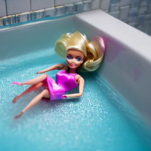 Prompt: barbie doll in the bath, macro shot, stopmotion