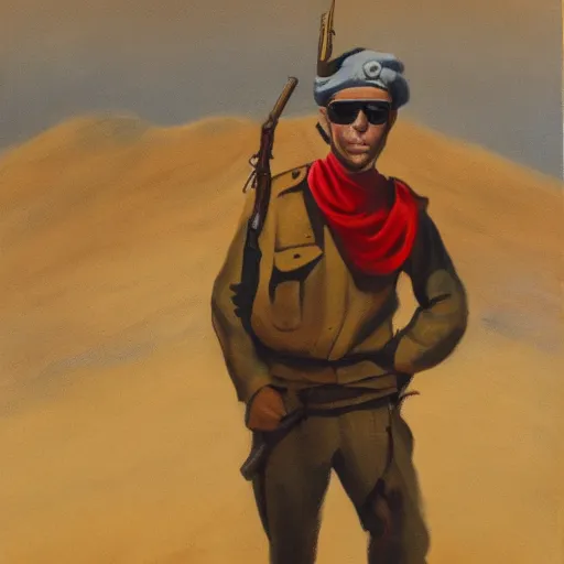 Prompt: a painting of an israeli solidier with sunglasses, a field cap, and a red ascot holding a hand grenade in the desert high details