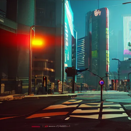 Image similar to Cyberpunk 2077 city crosswalk with traffic light, concept art, unreal engine, 4k render, global illumination, blender, cycles