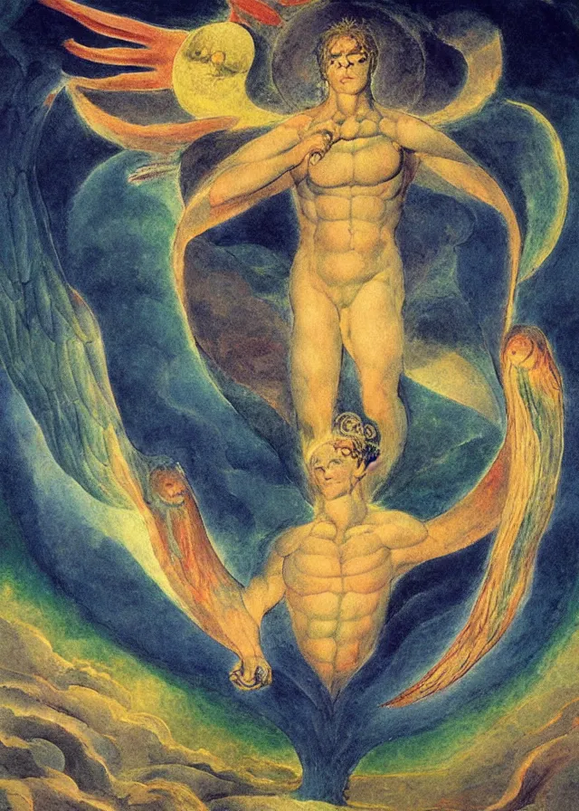 Image similar to Lucifer of the lunar mythos mercurial (surreal) fallen celestial, award winning oil painting by William Blake, chromatic aberration polychromatic color palette radiant colors