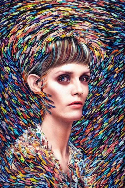 Prompt: Portrait of a woman with bangs in style of 80s surrealism art, hyper-detailed