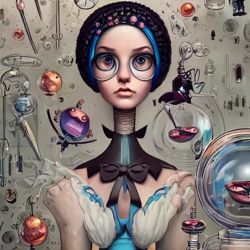 Image similar to Lofi portrait in laboratory, Pixar style by Joe Fenton and Stanley Artgerm and Tom Bagshaw and Tim Burton