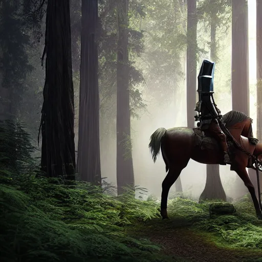 Image similar to mounted knight in a redwood forest, sunlit, octane render, matte, greg rutkowski, highly detailed, hdr