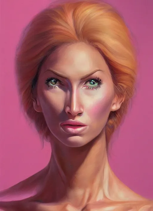 Image similar to a portrait of a pink cat hybrid woman wearing clothes, art by boris vallejo and greg danton and denys tsiperko, detailed, hyperrealism, artstation