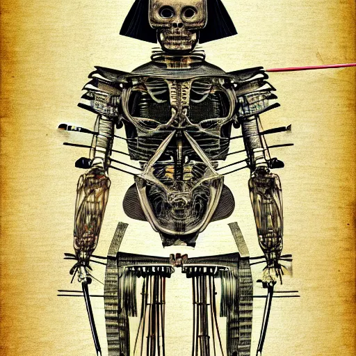 Image similar to Leonardo Davinci sketch of the inner workings of a cyborg samurai, high detail, post-processing , Corporate Memphis Illustration, Japanese patent , Anatomical Drawing, Painting