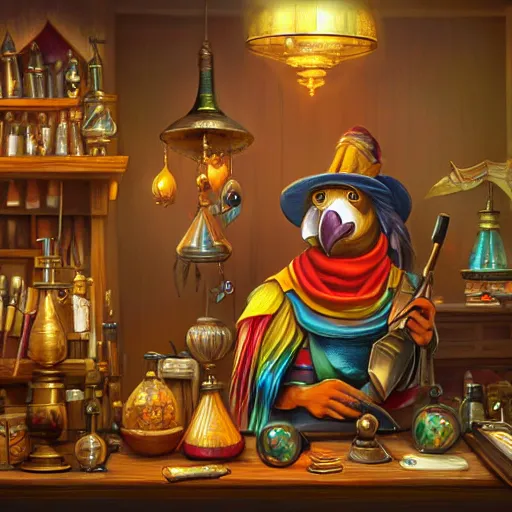 Image similar to Anthropomorphized parrot trader in his shop, medium shot, hands on counter, items, weapons, magic potions, trinkets, carpet, lamps, window, fancy hat, warm light, sly expression, cunning expression, cute expression, long thick shiny black beak, D&D, fantasy, cinematic lighting, highly detailed, digital painting, artstation, concept art, smooth, sharp focus, illustration, warm light, cozy warm tint, strong colours, magic the gathering artwork, volumetric lighting, 8k, art by Akihiko Yoshida, Greg Rutkowski