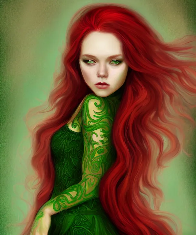 Image similar to Fae teenage girl, portrait, face, long red hair, green highlights, fantasy, intricate, elegant, highly detailed, digital painting