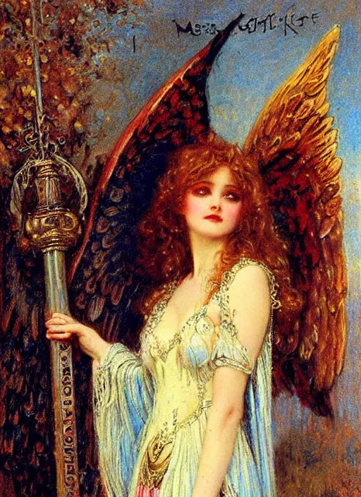 Image similar to vertical prtrait of an angel knight gothic girl, baroque dress. by gaston bussiere