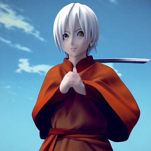 Image similar to “photrealistic 8k render 3d anime character warrior monk, Ufotable, White Fox, Kyoto Animation”