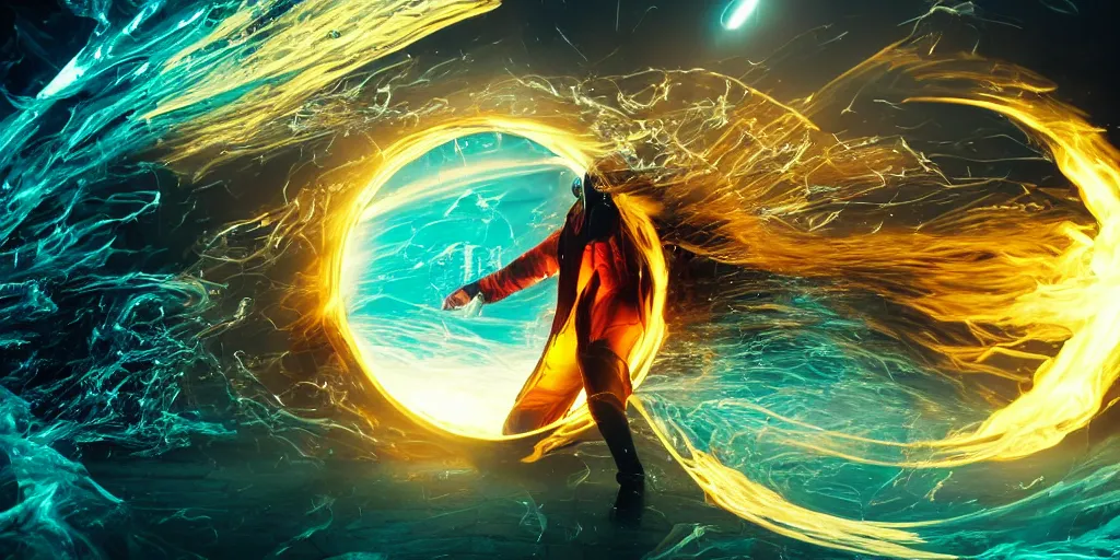 Image similar to VHS music video fisheye slow motion with honeycomb fire and smoke effect through a portal of futuristic break dancer wearing long dark cloak and golden helmet emitting fire and crystals, long exposure shot , enigmatic, at night half submerged by water, paddle of water, steam, fog, water splashes, rim lights, glossy reflections, water droplets on lens, octane render, Volumetric dynamic lighting, stunning cover magazine, high details, hajime sorayama