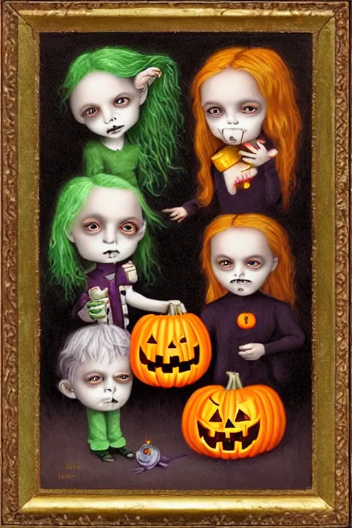 Prompt: halloween pumpinks children trick or treating in low brow style by mark ryden