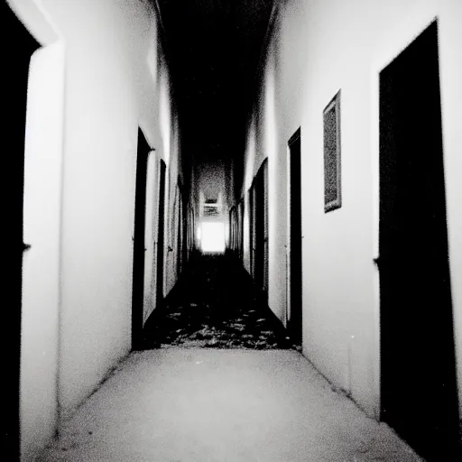 Prompt: a creepy long dark hallway with Samara Morgan standing at the end of it, liminal space, 35mm photograph, flash photography