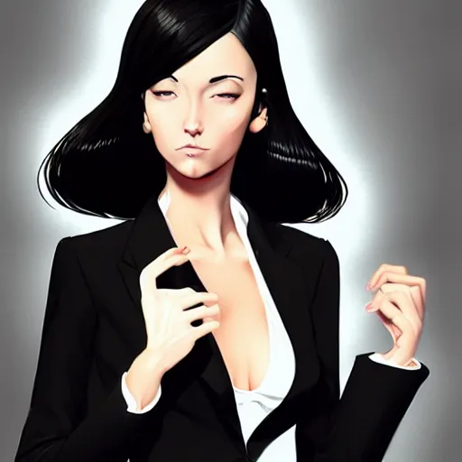 Image similar to slim mafia girl in tuxedo with black bob hair, elegant, 2d, ultra highly detailed, digital painting, smooth, sharp focus, artstation, art by Ilya Kuvshinov