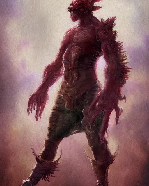 Image similar to a oil / watercolor painting full body character portrait of the monster fighter who is a half - human / half magical being. in the style of moebius in the style of leonard boyarsky trending on artstation deviantart pinterest detailed realistic hd 8 k high resolution