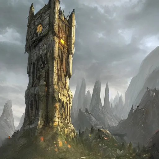 Prompt: A massive tower found in central Dragonbarrow, north of Caelid. The sides of the tower are crumbling from the massive overgrowth protruding from the plateau, environment concept art, artstation, professional, highly detailed