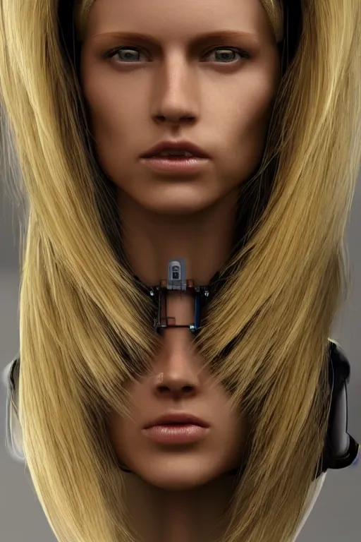 Image similar to robot with human face, female head, full body angle, woman human face, human face realistic, beautiful blonde hair, human head, human head with blonde hair, blonde hair human head, blonde hair, human realistic face, human head skin, cyborg frame concept, cyborg by ales-kotnik, sci-fi android female, the body is made of wires, robotic body, cyborg body, cyborg bust body, robot body cyborg, full body