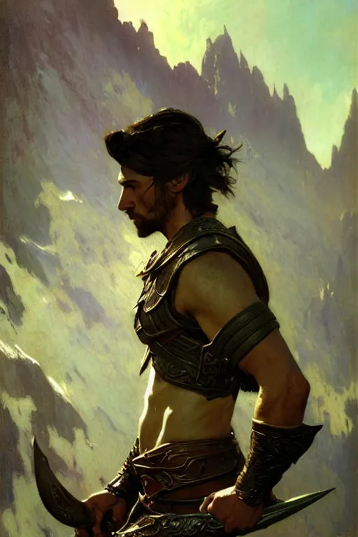 Image similar to attractive man, skyrim, cool colors, painting by gaston bussiere, craig mullins, greg rutkowski, alphonse mucha