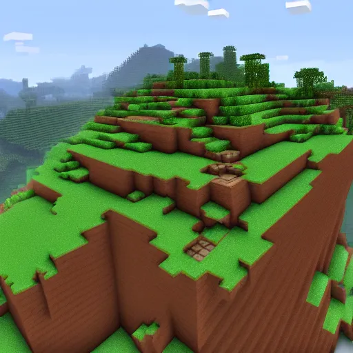 Image similar to a Minecraft world with mountains in the background