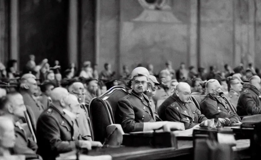 Prompt: 50s movie still of very diverse soviet generals head with very detailed faces in a stalinist parlement, by Alexei Guerman, Cinestill 800t 35mm black and white, heavy grainy picture, very detailed, high quality, 4k, HD criterion, precise texture, diversity of faces