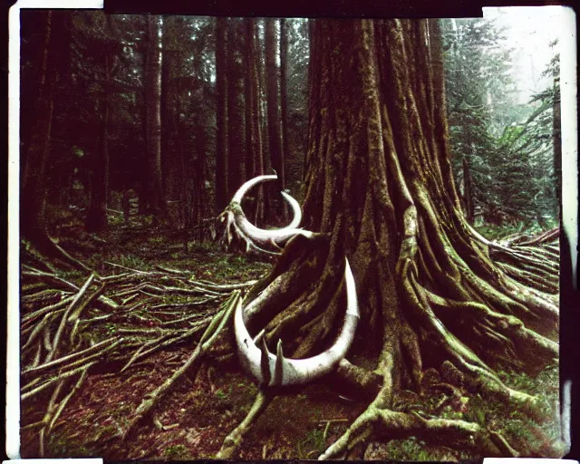 Prompt: Ancient cultic ritual totem made of horns and thorns disposable camera photo, polaroid, forest, horror movie