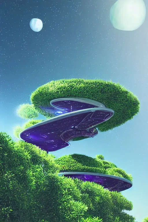 Image similar to multi level botanical garden spaceship floating in space, calm, tranquil, faded effect, detailed, vaporwave colors, render by substance designer