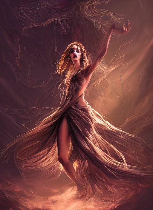 Prompt: portrait of a gorgeous girl as a ever-reaching Goddess of despair, cracks, disaster, whirlwind, cinematic, eve, beautiful soft light, saving the world blind and hungry souls around. a futuristic diety, fantasy, intricate, elegant, human anatomy, natural light, golden hour, highly detailed, digital painting, artstation, wide angle, smooth, sharp focus, illustration, art by brom, tian zi and WLOP and alphonse mucha, masterpiece, 3d blender, mitch foust, Clyde Caldwell, dof