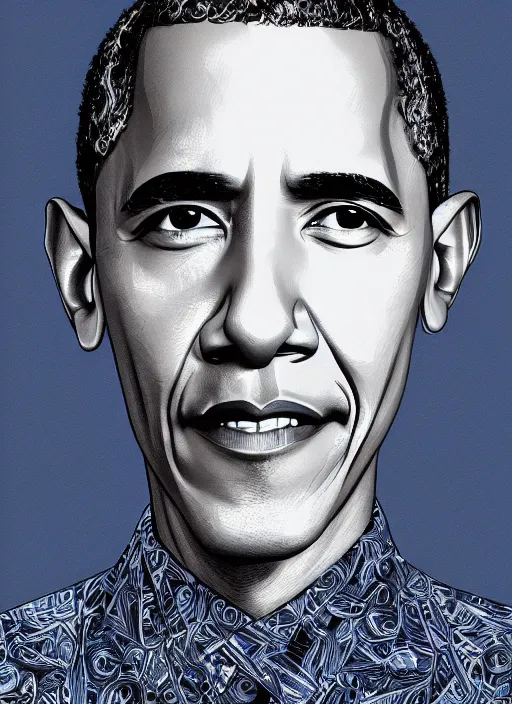 Image similar to closeup portrait of barack obama, an ultrafine detailed illustration by james jean, intricate linework, bright colors, final fantasy, behance contest winner, vanitas, angular, altermodern, unreal engine 5 highly rendered, global illumination, radiant light, detailed and intricate environment