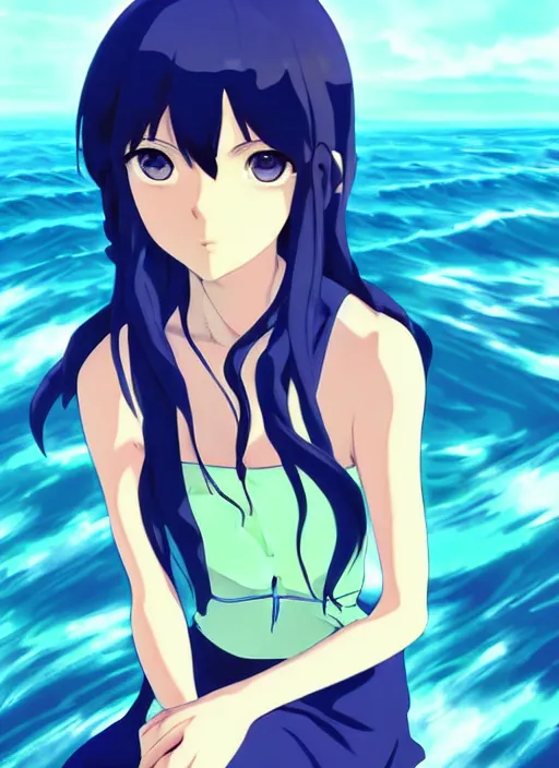 Prompt: makoto shinkai, ilya kuvshinov, beautiful anime woman with green dress, very long blue hair, water powers water swirling, symmetrical face, symmetrical eyes, detailed, beach setting, cinematic lighting