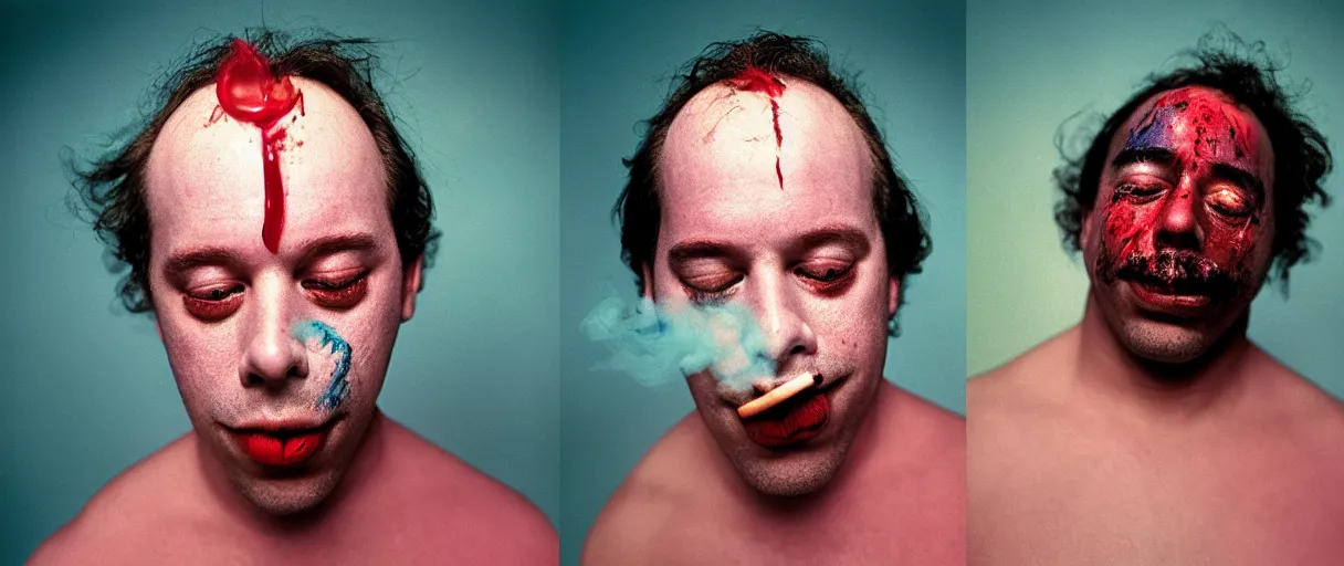 Image similar to award winning photo of a todd solondz charles thompson iv wearing lipsticl and becoming smoke, sad and happy, crying and smiling franticly, vivid colors, happy, symmetrical face, beautiful eyes, studio lighting, wide shot art by sally mann & arnold newman