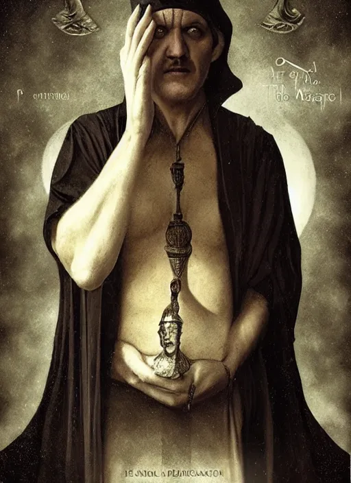 Prompt: pedro pascal as aleister crowley the grand mage of thelema. art by tom bagshaw and greg danton and manuel sanjulian