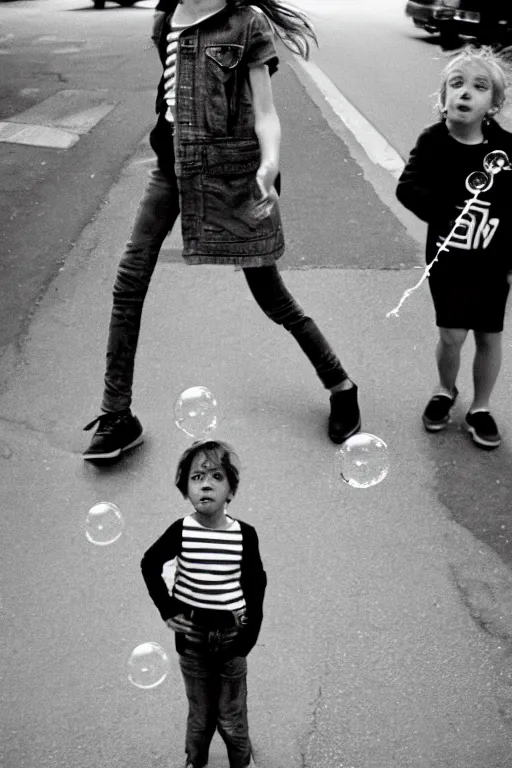 Image similar to street, 2 tomboys blow gum bubbles, 1 9 8 0 s film photography, exposed b & w photography, christopher morris photography, bruce davidson photography, peter marlow photography