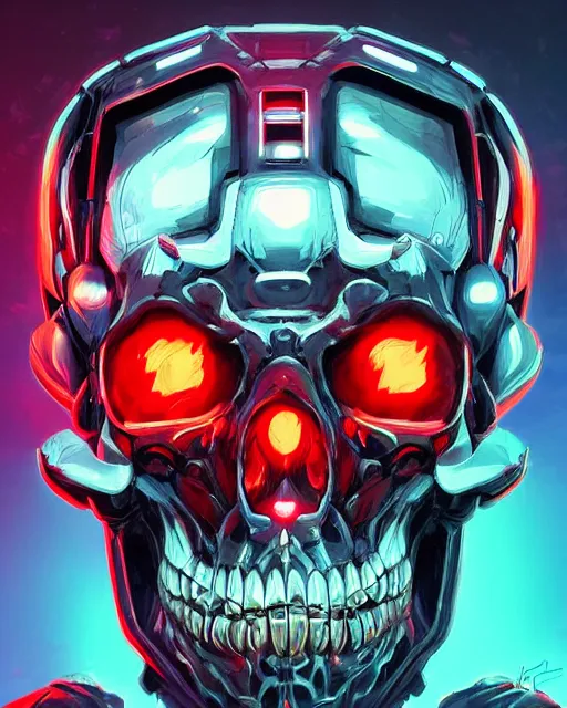 Prompt: a portrat of an immortal mecha cyber skull with glowing red eyes, digital art by dan mumford and Derek Riggs, trending on artstationhq