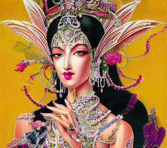 Prompt: breathtaking detailed concept art painting art deco pattern a beautiful devi goddess with shinny skin on sitted on an intricate metal throne, hands pressed together in bow, light - flowers with kind piercing eyes and blend of flowers and gems, by hsiao - ron cheng and john james audubon, bizarre compositions, exquisite detail, extremely moody lighting, 8 k h 1 0 2 4