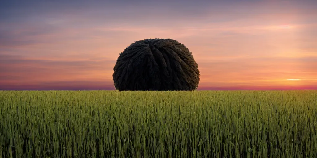 Image similar to a giant floating human ear above a field at dawn