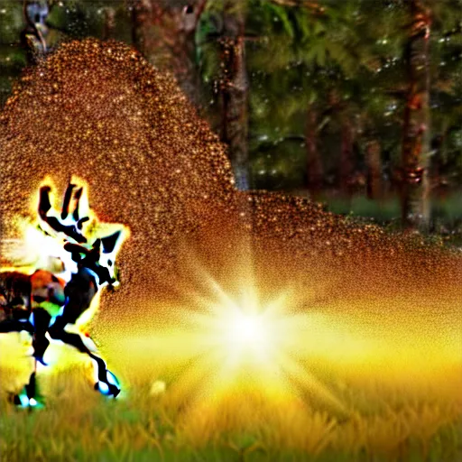 Image similar to A still of a deer exploding in slow motion, sparkles and sun rays, hyperrealistic, photo realistic, realistic, beautiful white lighting, in the middle of the day, hyperdetailed, very detailed