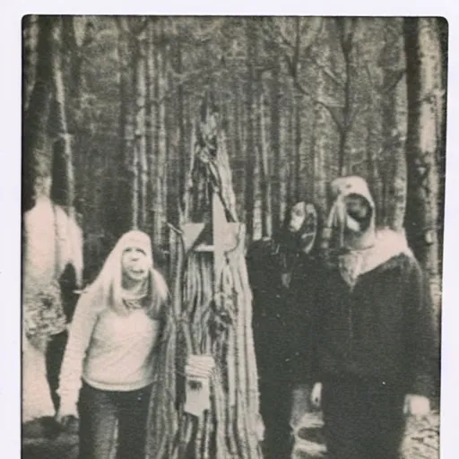 Image similar to Blair witch occult sacrifice real Polaroid photo