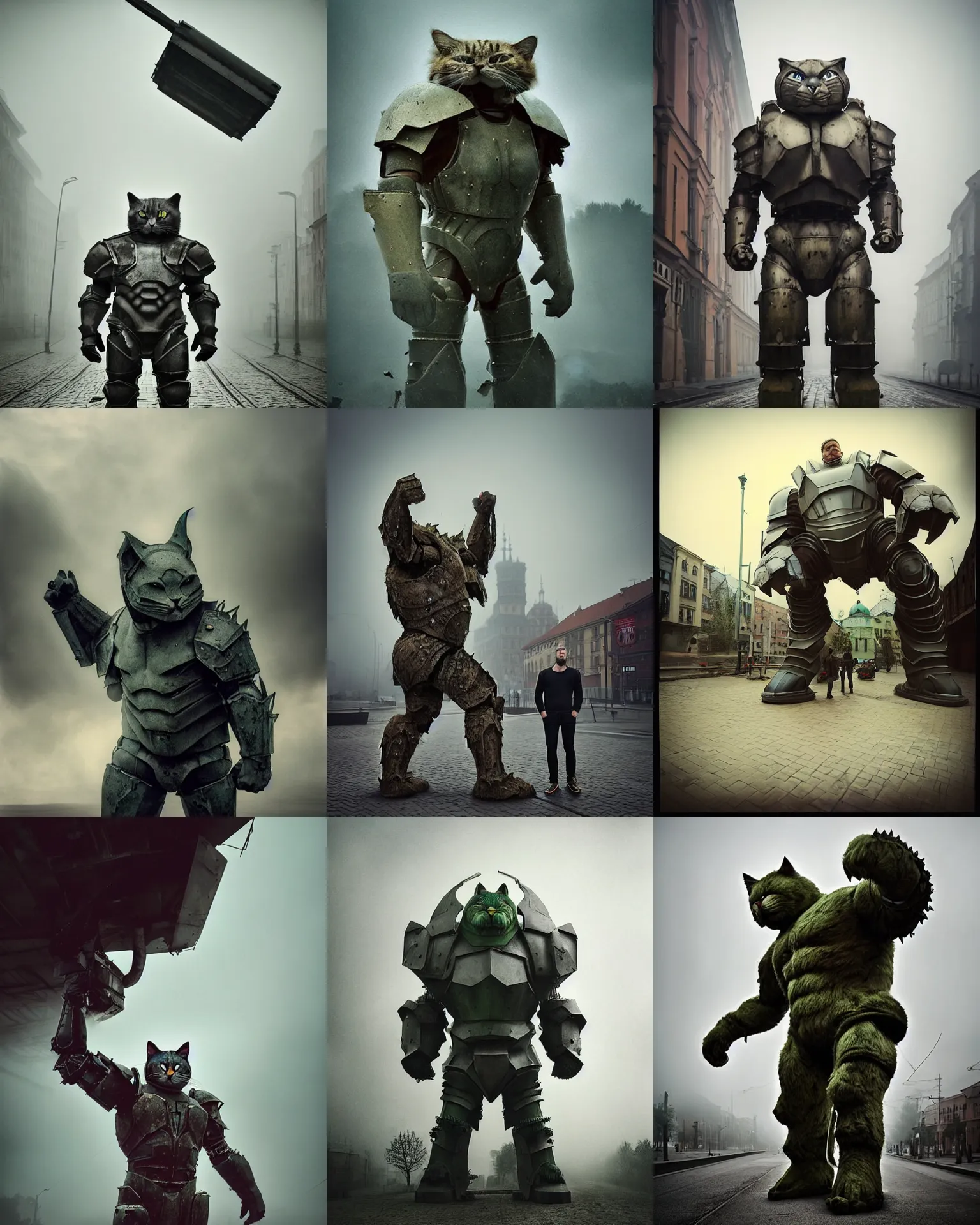 Prompt: epic pose!!! giant oversized battle armor hulked anthropomorphic cat rugged hulked, in legnica, full body, cinematic focus, polaroid photo, vintage, neutral dull colors, soft lights, foggy mist, by oleg oprisco, by thomas peschak, by discovery channel, by victor enrich, by gregory crewdson