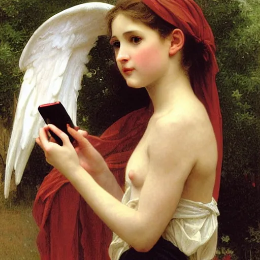 Image similar to an oil painting of an angel talking with an iPhone, by Bouguereau, highly realistic and intricate