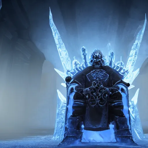 Prompt: 4 k unreal engine render of the lich king sitting on the frozen throne, painterly style