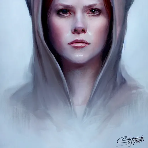 Image similar to portrait of a woman by greg rutkowski, jedi princess knight, straight redhead with two strands around her face, jedi robes, star wars expanded universe, she is about 2 0 years old, elegant, graceful, wearing jedi robes, highly detailed portrait, digital painting, artstation, concept art, smooth, sharp foccus ilustration, artstation hq