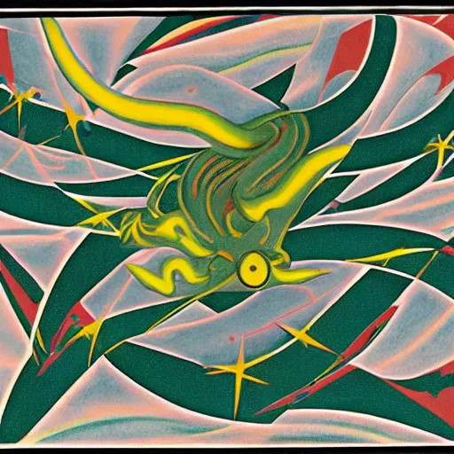 Image similar to contest winner by tomma abts. a performance art of a dragon in space. the dragon is in the foreground with its mouth open rows of sharp teeth. coiled & ready to strike, its tail is wrapped around a star in the background. background is full of stars & galaxies.