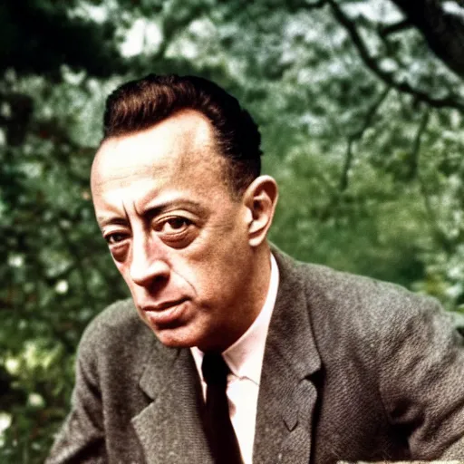 Prompt: 8k vibrant photograph of Albert Camus in nature