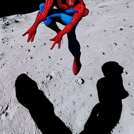 Image similar to spiderman walking on the moon