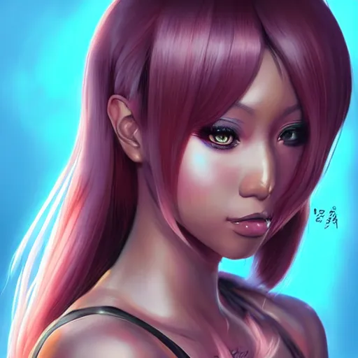 Image similar to anime portrait of Niki Minaj as an anime girl by Stanley Artgerm Lau, WLOP, Rossdraws, James Jean, Andrei Riabovitchev, Marc Simonetti, and Sakimichan, trending on artstation