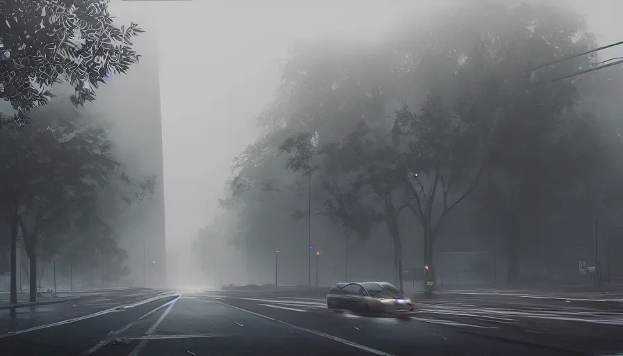 Image similar to empty washington streets covered by vegetation, fog, wet roads, cold, hyperdetailed, artstation, cgsociety, 8 k