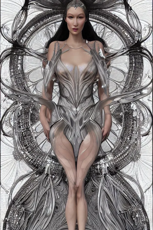 Image similar to a portrait of a beautiful ancient alien woman goddess bella hadid fairy standing in iris van herpen dress in diamonds and fractals in style of alphonse mucha art nuvo dmt trending on artstation made in unreal engine 4