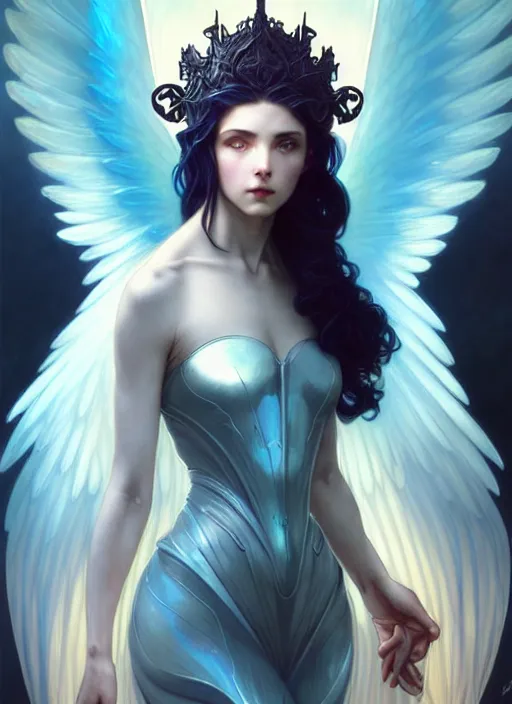 Image similar to a beautiful cinematic female archangel queen, fantasy sea landscape, fantasy magic, short aqua blue black fade hair, dark light night, intricate, elegant, sharp focus, illustration, highly detailed, digital painting, concept art, matte, art by WLOP and Artgerm and Greg Rutkowski and Alphonse Mucha, masterpiece