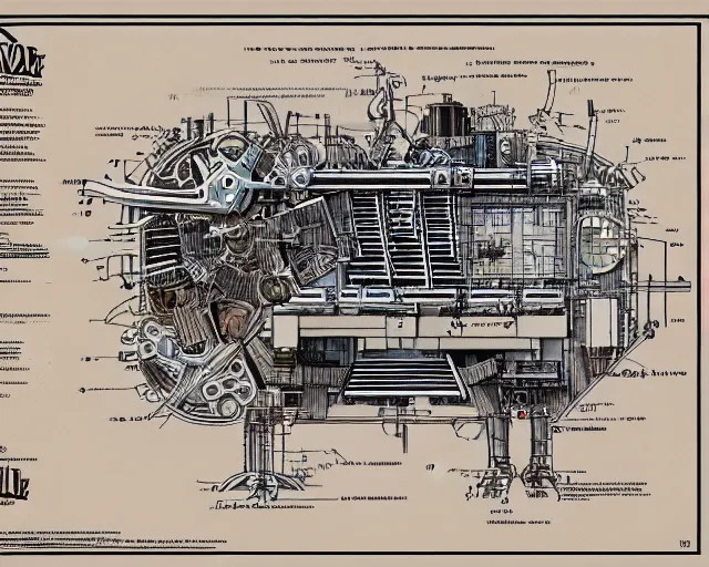 Image similar to a full page of a mechanical blueprint showing a simple cutaway design for a small mechanized wolf from howl's moving castle ( 2 0 0 4 ), with a pilot inside, muted colors, post grunge, studio ghibli, hq